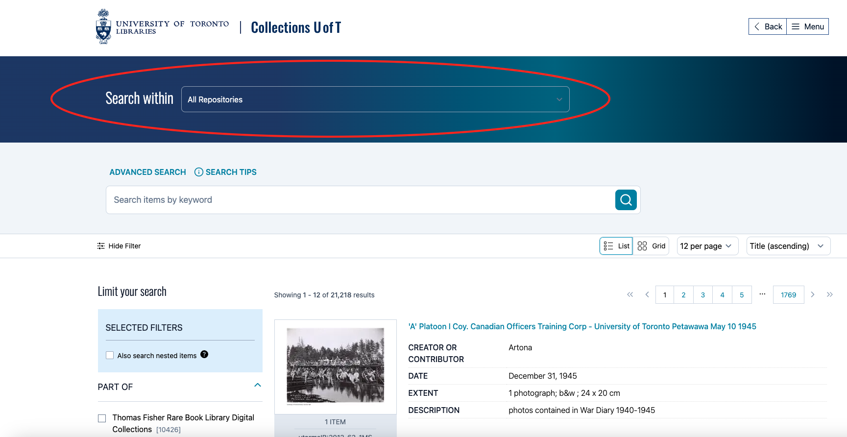 Screenshot of the Collections U of T search page, searching across repositories