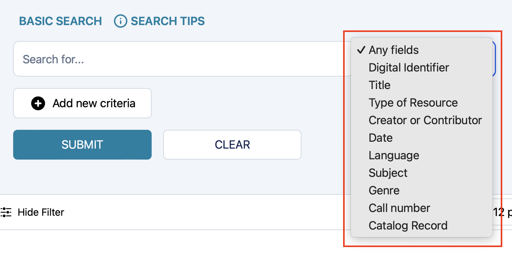 Screenshot of Collections U of T search fields options circled in red