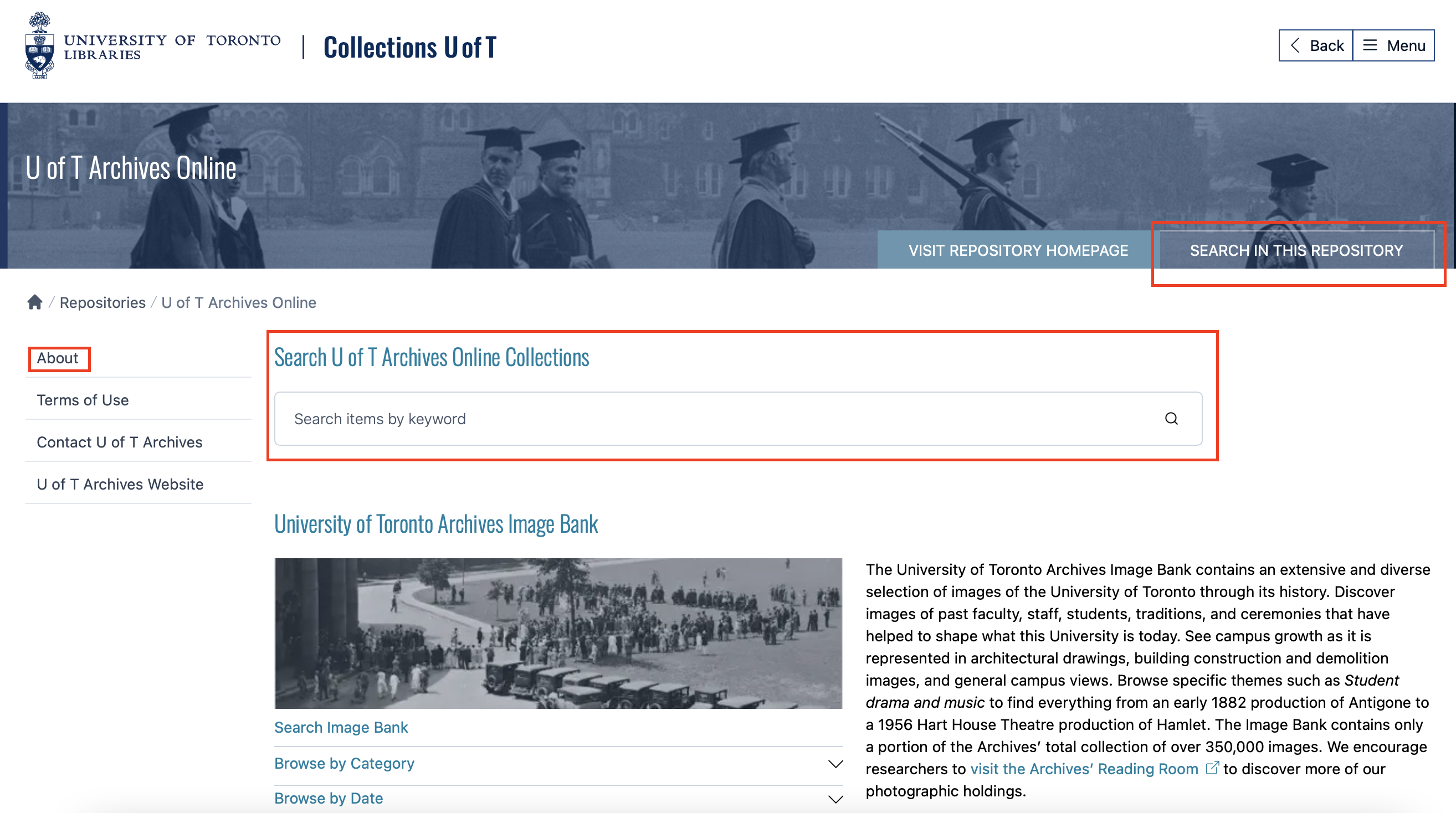 Screenshot of Collections U of T homepage with browse this repository circled in red