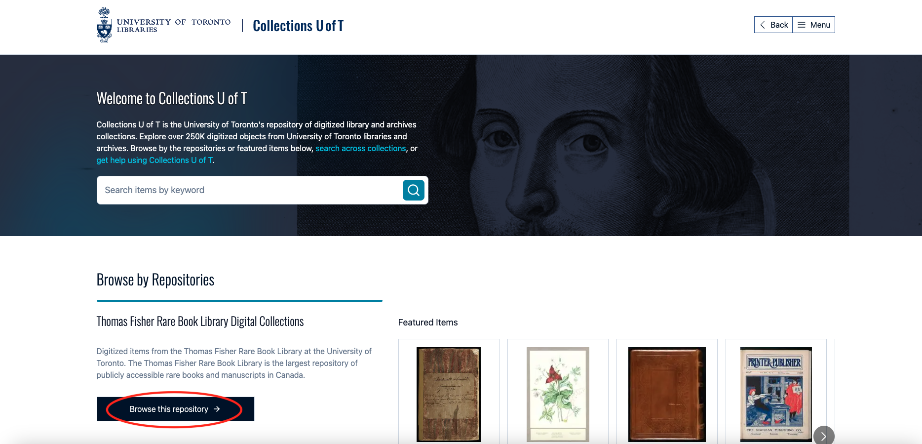 Screenshot of Collections U of T homepage with browse this repository circled in red