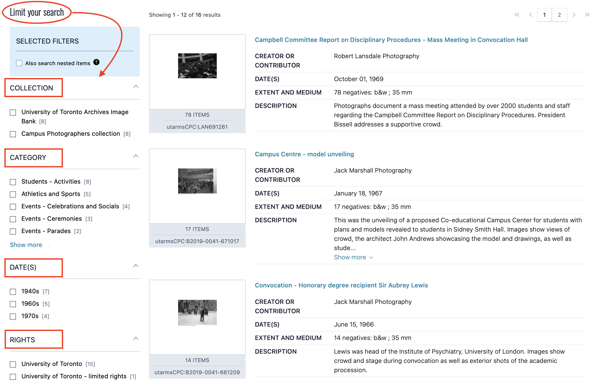 Screenshot of Collections U of T search facets, on the left hand side, with the options collection, category, dates, and rights each circled individually in red