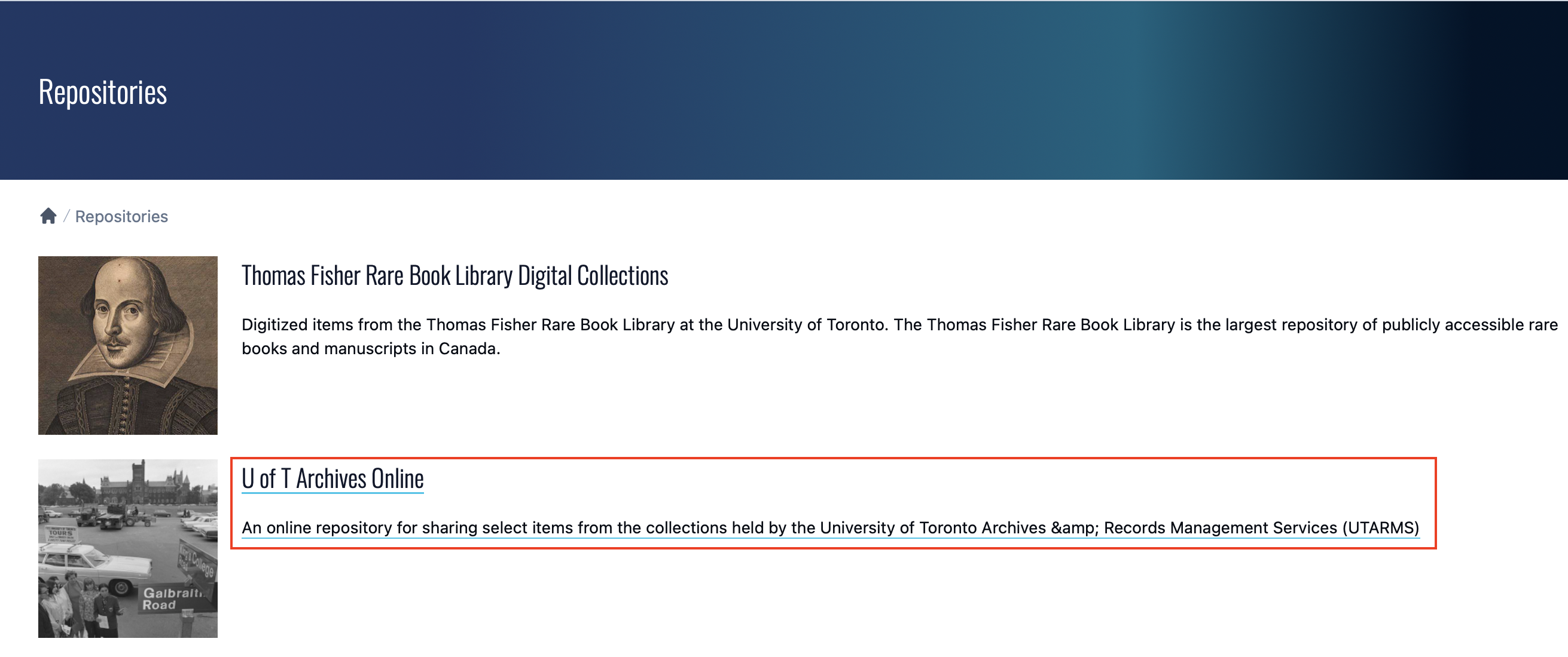 Screenshot of Collections U of T homepage with browse this repository circled in red