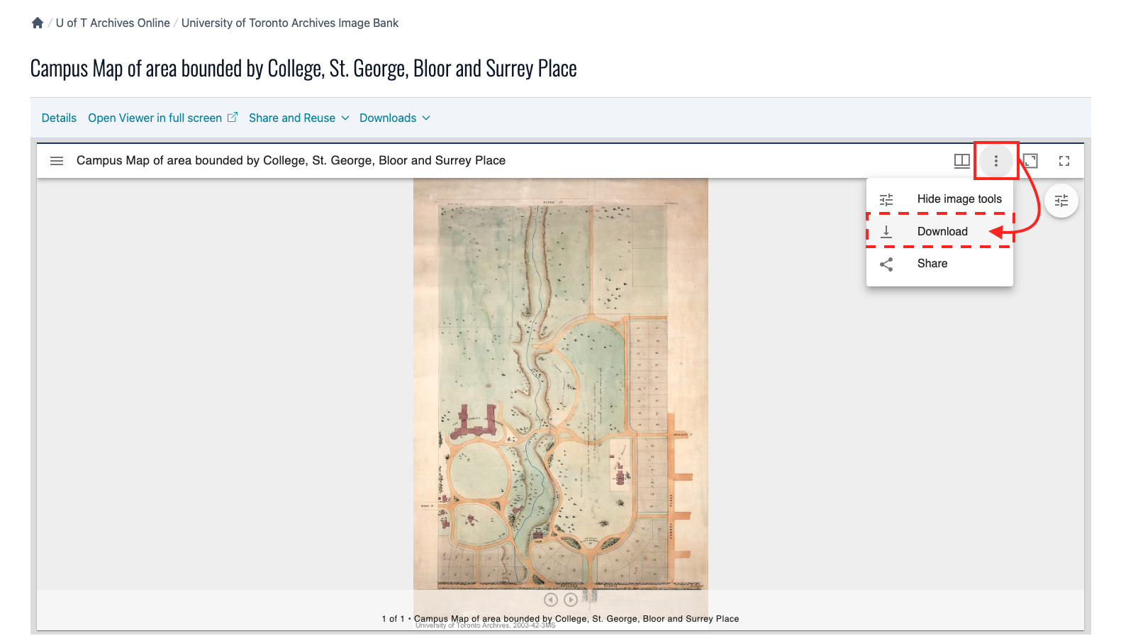 Screenshot of Collections U of T item page with the three vertical dots selected to reveal the Download option in the image viewer.