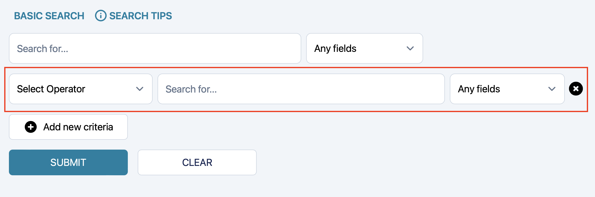 Screenshot of Collections U of T search with additonal criteria field options circled in red, including select operator and the fields drop down button