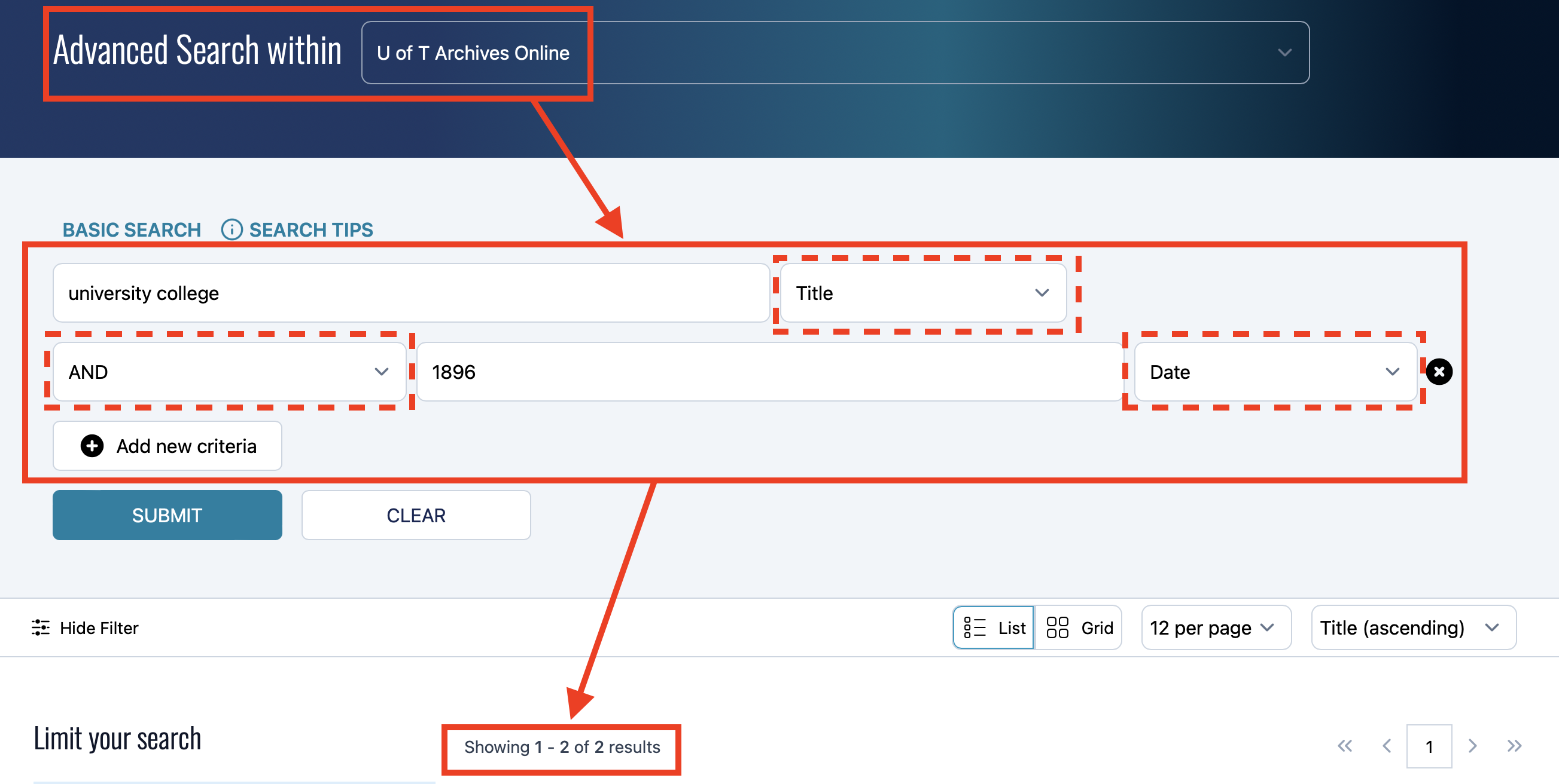 Screenshot of Collections U of T search with the advanced search, additonal criteria options, and the resutls number circled in red