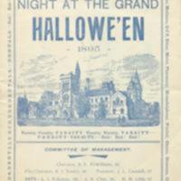 Programme for "Varsity Night at the Grand Hallowe’en, 1895." By 1882 Hallowe’en included a “theatre night” at downtown theatres, where male students put on skits interspersed with songs and dance numbers. There were also outrageous pranks and rowdiness. The Hallowe’en Club, formed in 1899, was a university-wide affair, including students from Arts, Medicine and the School of Practical Science.