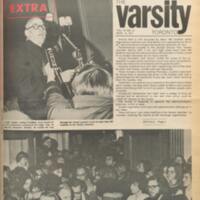 Varsity front page for March 14, 1972 - headline reads "Sword Caves In", in reference to students' demands for stack access to Robarts Library. Stack access, Robarts Library, 1972. Fewer issues were more controversial than this one, for it affected all students and caused tensions also between the University administration and the faculty. This report in the Varsity is the first indication that Simcoe Hall is about to cave in to the students’ demands.